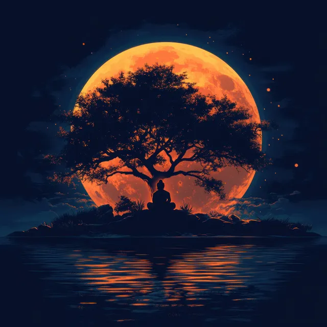 Buddha silhouette meditating beneath a moonlit tree with a full moon and rippling river reflection.