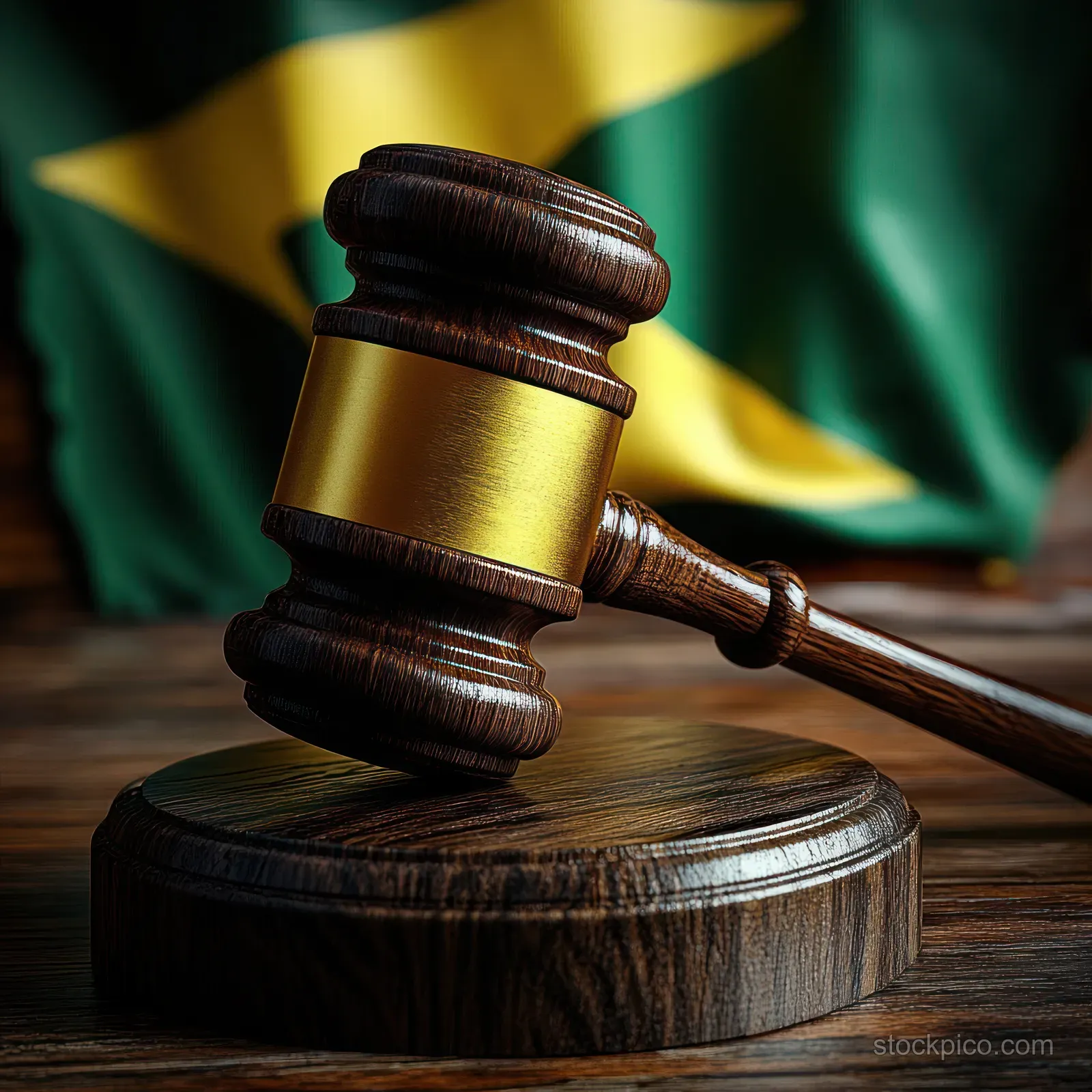 Wooden judge’s gavel with a gold band resting on a sound block with a blurred green and yellow flag behind it.