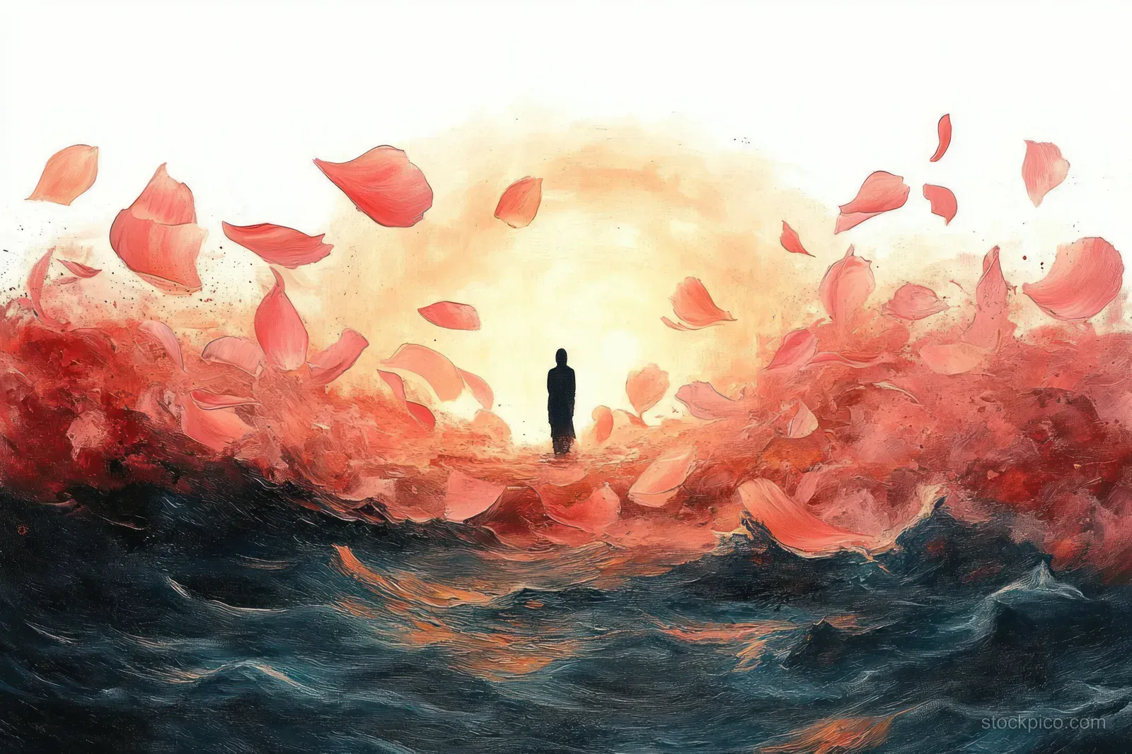 A solitary silhouette stands in dark blue ocean waves while red-orange petals swirl in warm glowing light.