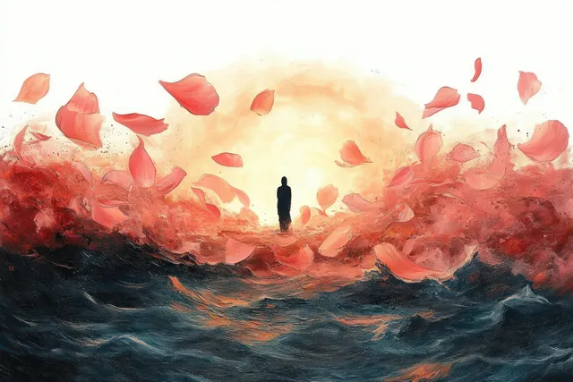 Solitary silhouette stands in ocean waves as red petals burst through warm glowing mist