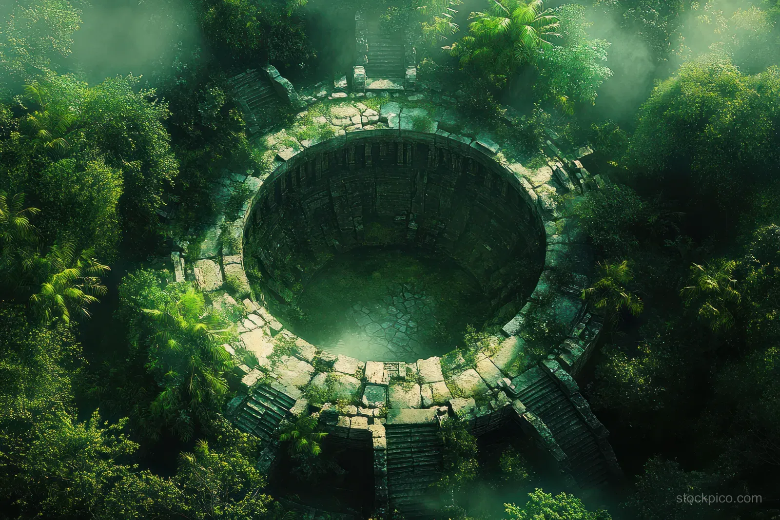 Aerial view shows a circular stone oasis pool ringed by ruins in dense tropical jungle mist.