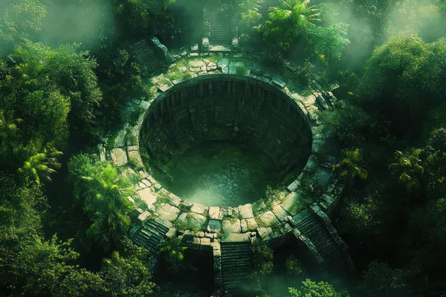 Aerial view shows a circular stone oasis pool ringed by ruins in dense tropical jungle mist.