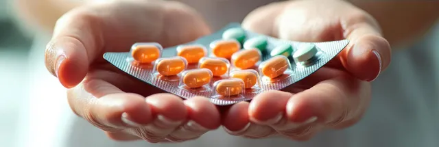 Two hands hold a blister pack with orange and white capsules under soft natural light.