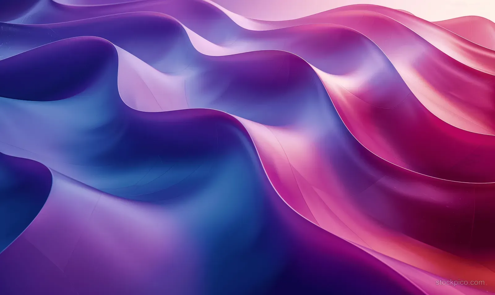 Smooth 3D ribbon waves in blue, purple, and pink gradients undulate across an abstract background.