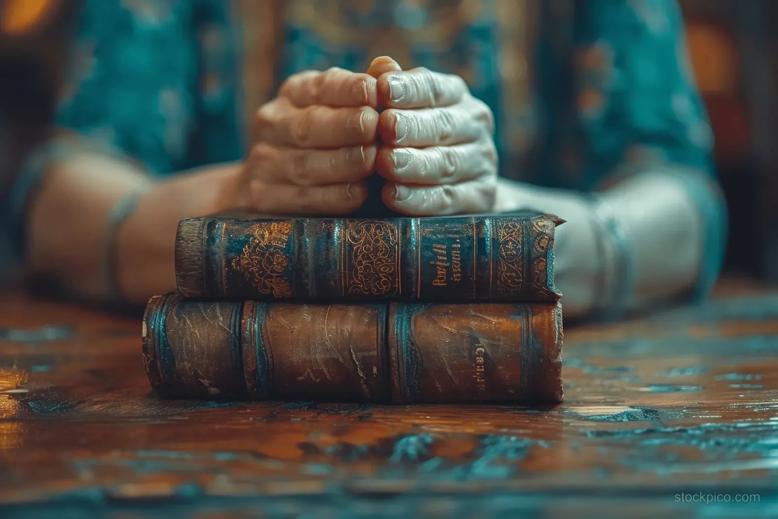 Clasped hands rest on an open Bible atop a wooden table inside a church setting.