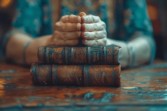 Clasped hands rest on an open Bible atop a wooden table inside a church setting.