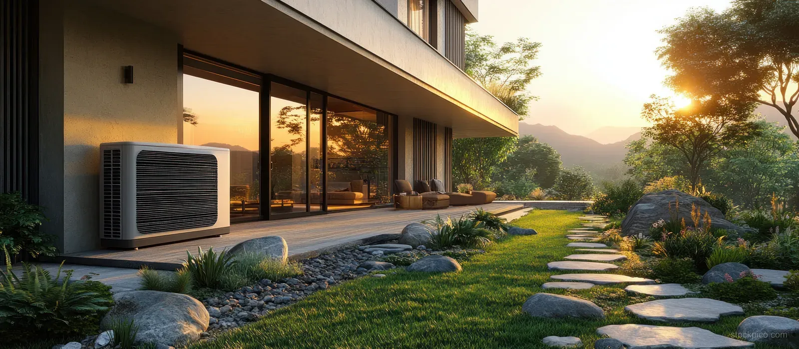 Sunlit modern villa terrace shows an outdoor air conditioner beside a green lawn and stone walkway at sunrise.