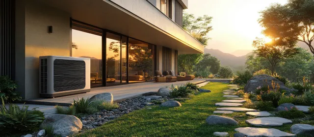 Sunlit modern villa terrace shows an outdoor air conditioner beside a green lawn and stone walkway at sunrise.