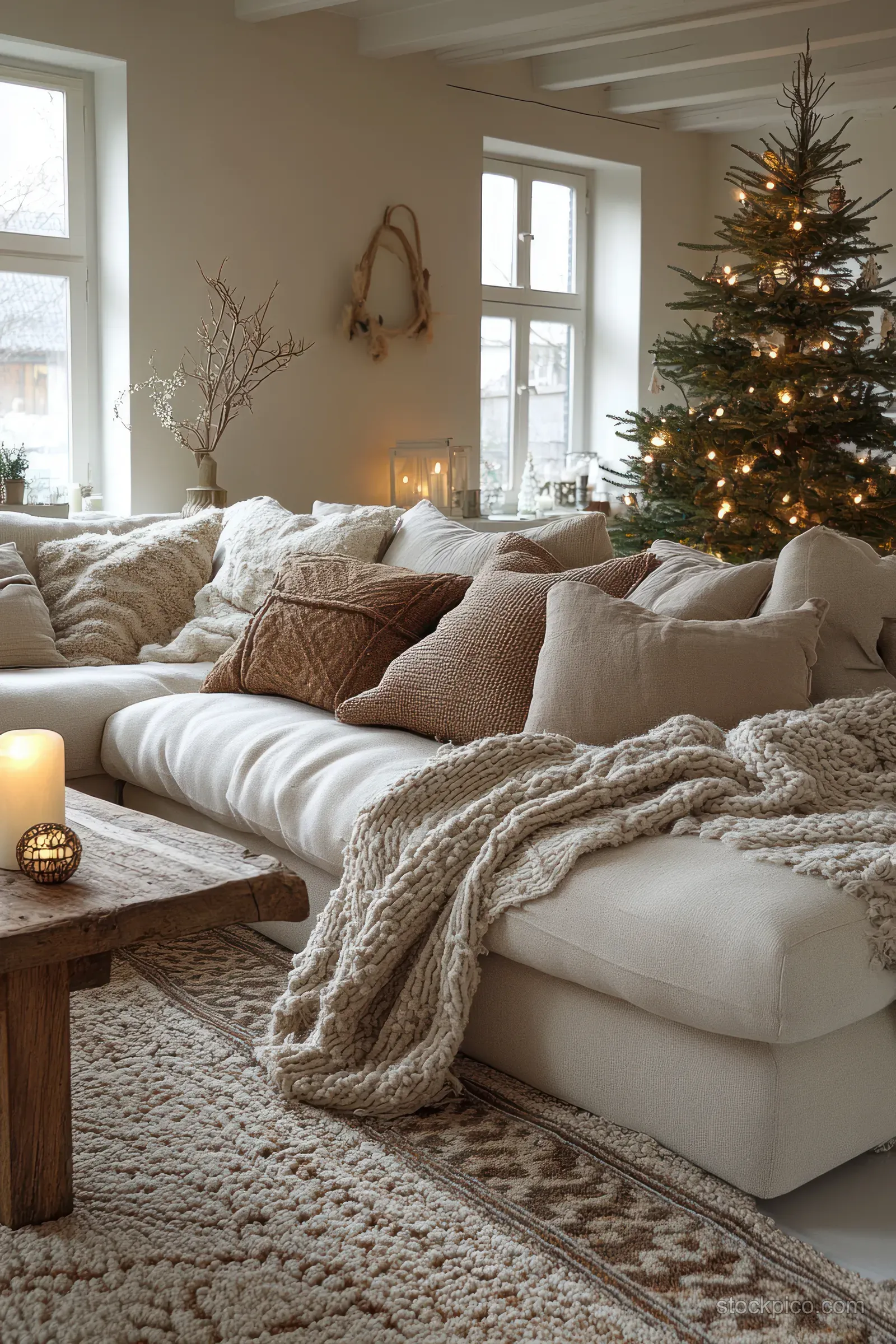 Scandinavian living room with a small Christmas tree, wrapped gifts, knit blankets on a sofa, and a warm candle glow.