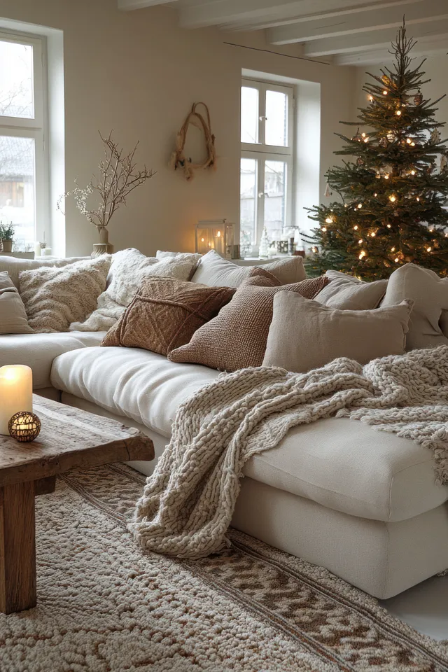 Scandinavian living room with a small Christmas tree, wrapped gifts, knit blankets on a sofa, and a warm candle glow.
