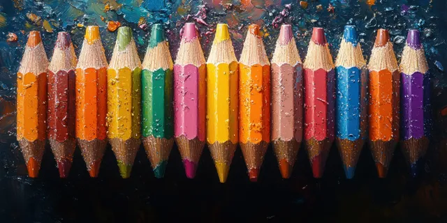 Colorful sharpened pencils lined across a dark background with soft diffused light and visible wood texture.