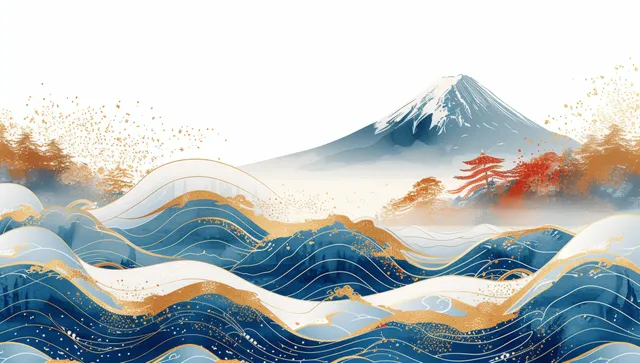 Japanese wave illustration in front of Mount Fuji with golden glitter specks and layered blue water lines.
