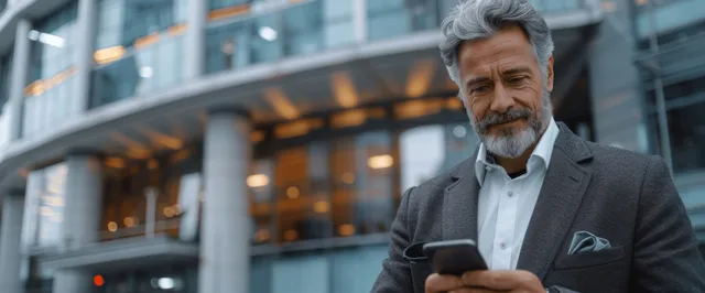 Smiling grey-haired businessman holding smartphone outside office building on city street