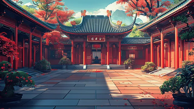 Traditional Chinese courtyard framed by red buildings and autumn maple trees with warm sunlight on stone steps.