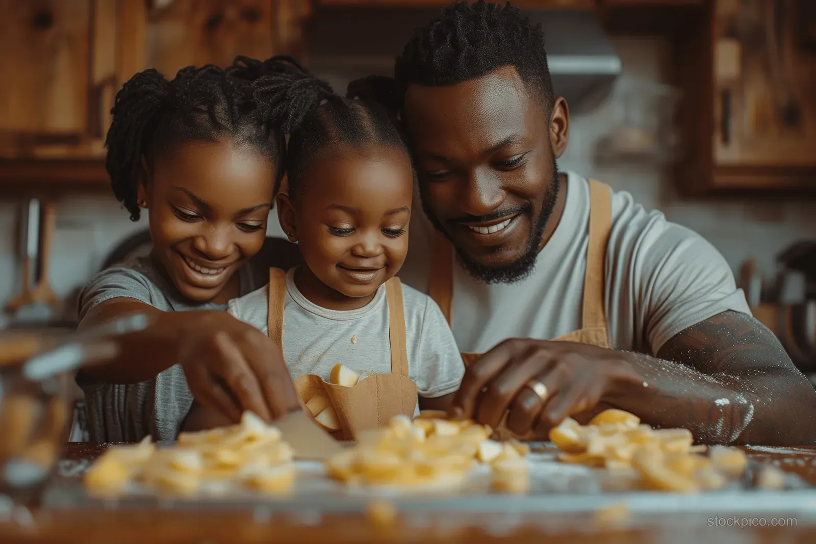 A black family smiles while helping cook apple pancakes on a stovetop griddle in their kitchen.