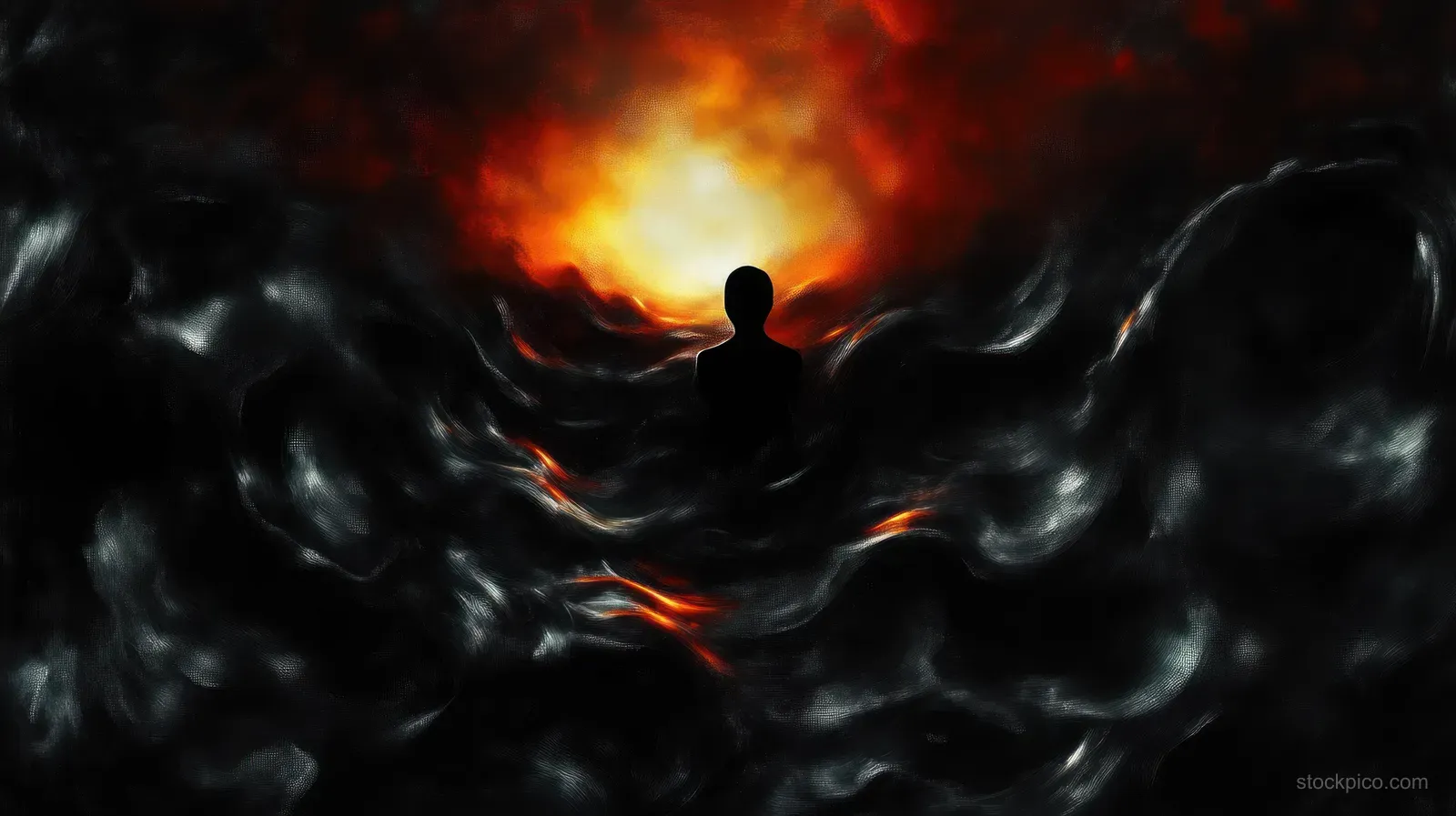 A silhouetted person stands amid swirling dark smoke, backlit by an intense orange and yellow fiery glow in storm clouds.