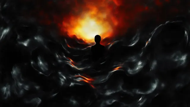 A silhouetted person stands amid swirling dark smoke, backlit by an intense orange and yellow fiery glow in storm clouds.