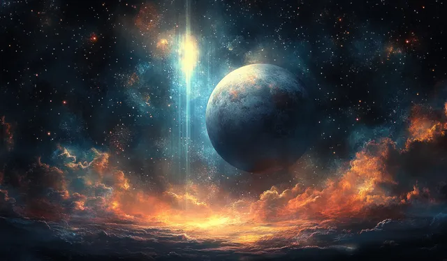 A moonlike planet floats above glowing clouds under a vertical beam of light and scattered stars.