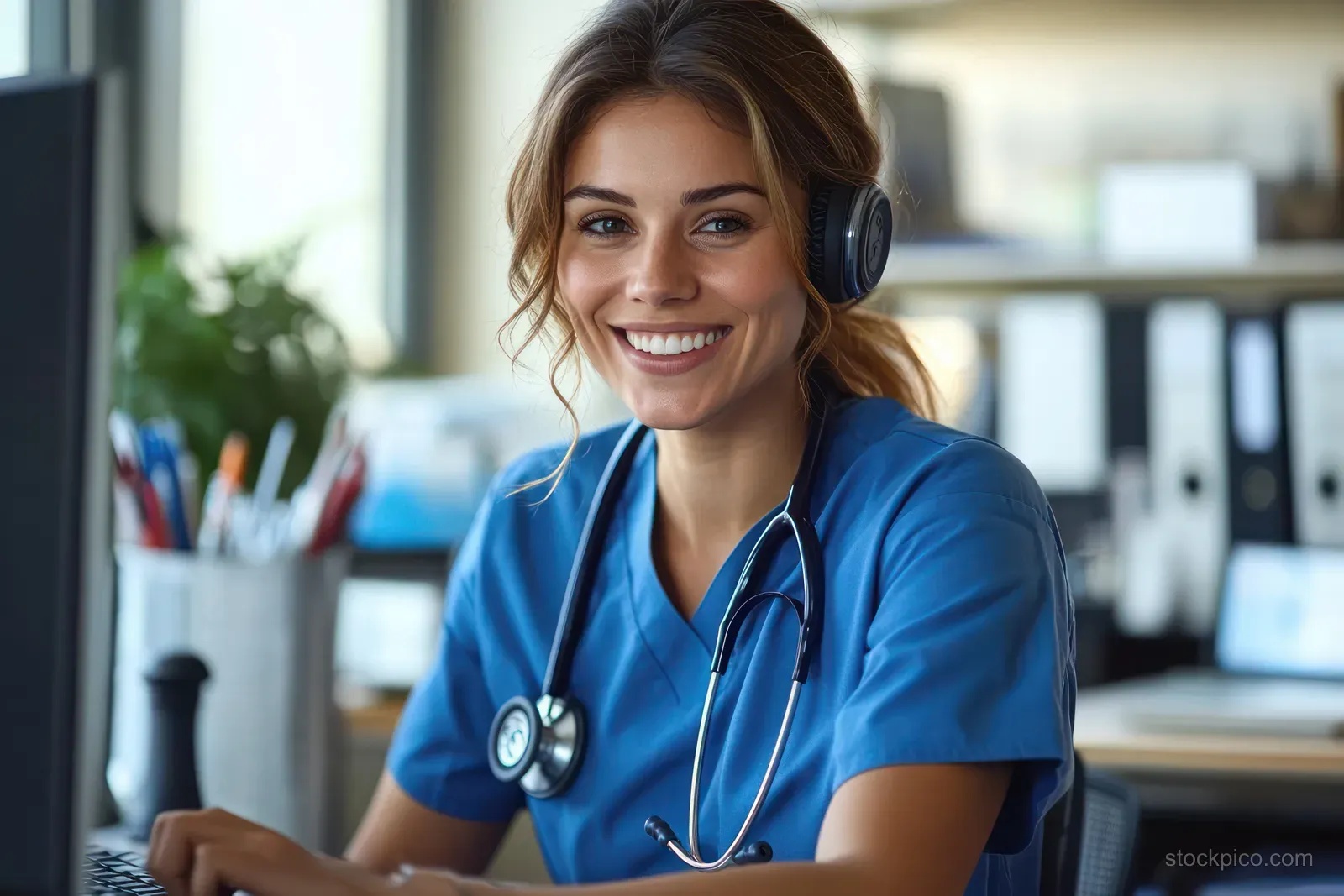 Smiling nurse in blue scrubs wearing headphones and stethoscope sits at a desk in a bright office.