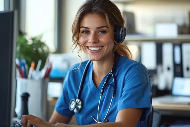 Smiling nurse in blue scrubs wearing headphones and stethoscope sits at a desk in a bright office.