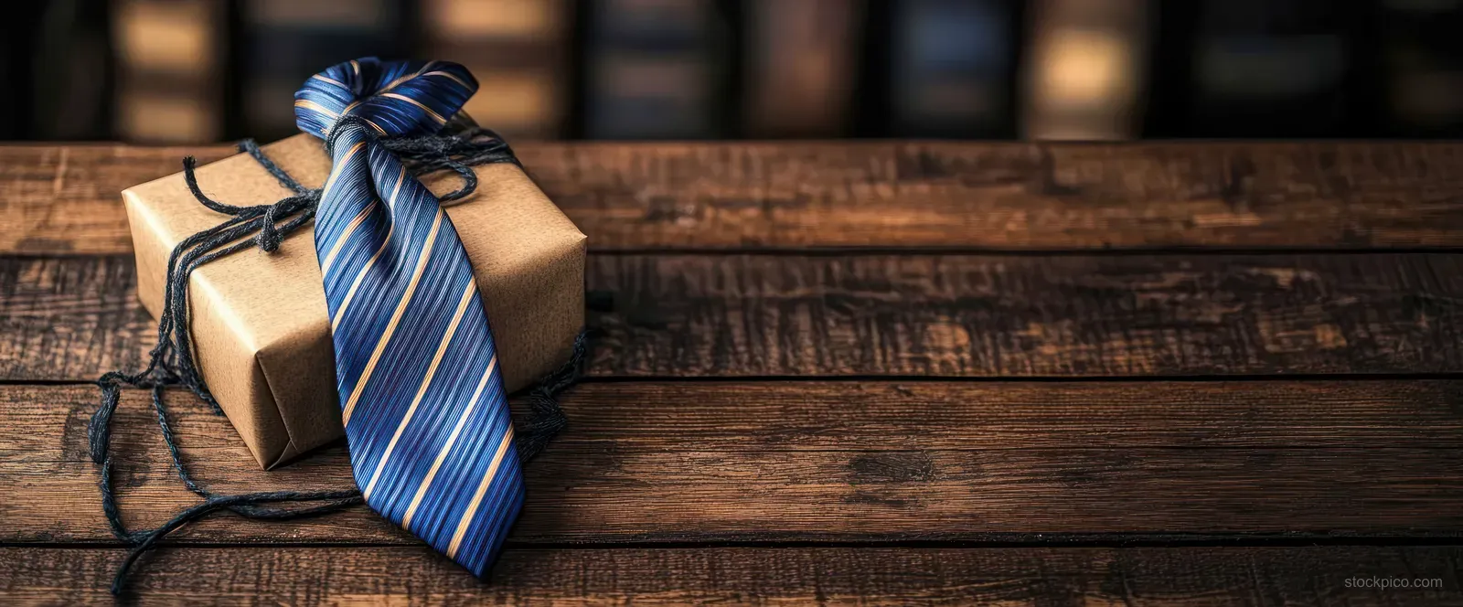 Wrapped gift box tied with a blue striped necktie ribbon on a rustic wooden table under warm sunlight.