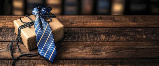 Wrapped gift box tied with a blue striped necktie ribbon on a rustic wooden table under warm sunlight.