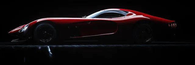 Red sports car shown in side profile under dramatic low light with tinted windows and glossy reflections on a black background.