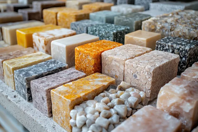 A hand points at stone and marble tile samples arranged in blocks with visible textures under warm showroom light.