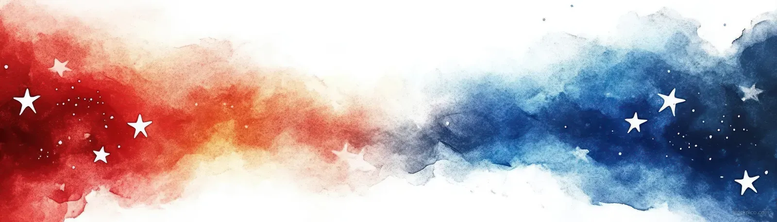 Red and blue watercolor washes with scattered white stars and soft cloudlike texture fill the background.