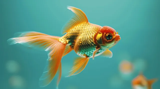 A goldfish swims in profile with bright shimmering scales and fins against a turquoise background.