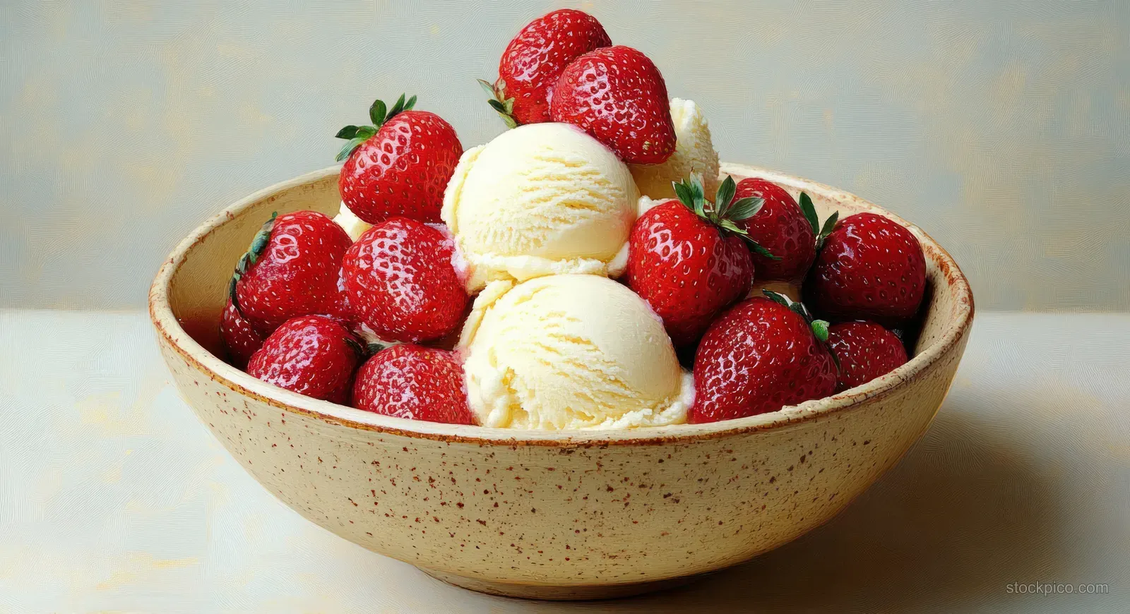 Bowl of ripe strawberries topped with three scoops of vanilla ice cream on a neutral background.