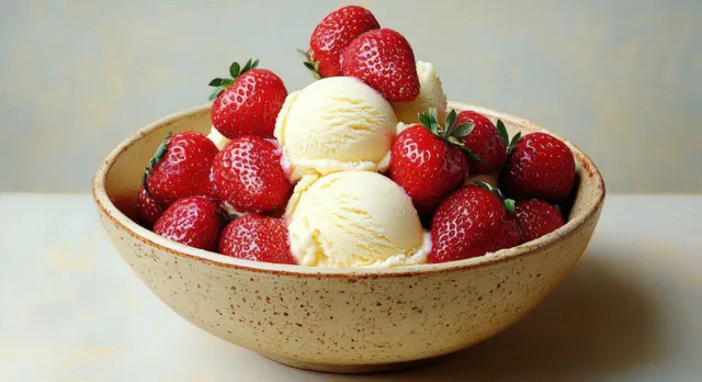 Bowl of ripe strawberries topped with three scoops of vanilla ice cream on a neutral background.
