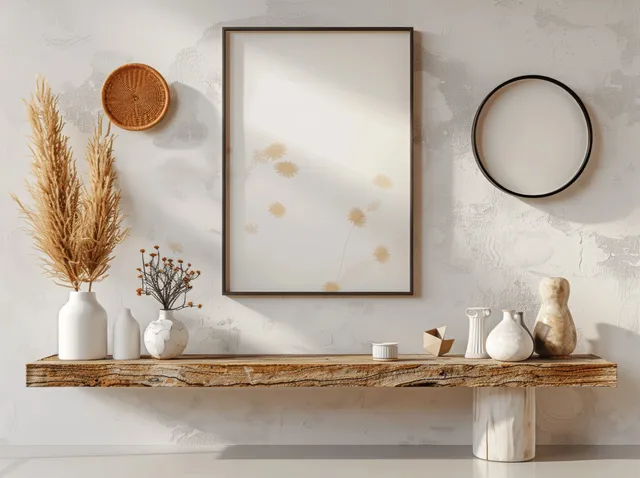 Blank framed poster above a rustic wooden shelf with vases and dried pampas grass on a textured white wall.