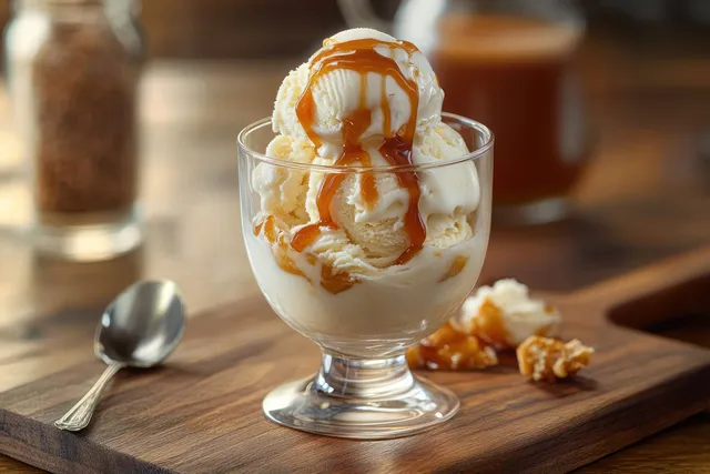 Creamy vanilla ice cream scoops drizzled with caramel in a glass bowl