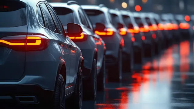 Row of white SUVs with red tail lights on wet street at dusk