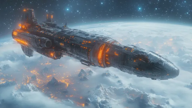 Futuristic spaceship hovering above a blue planet, neon engine glow through atmospheric fog