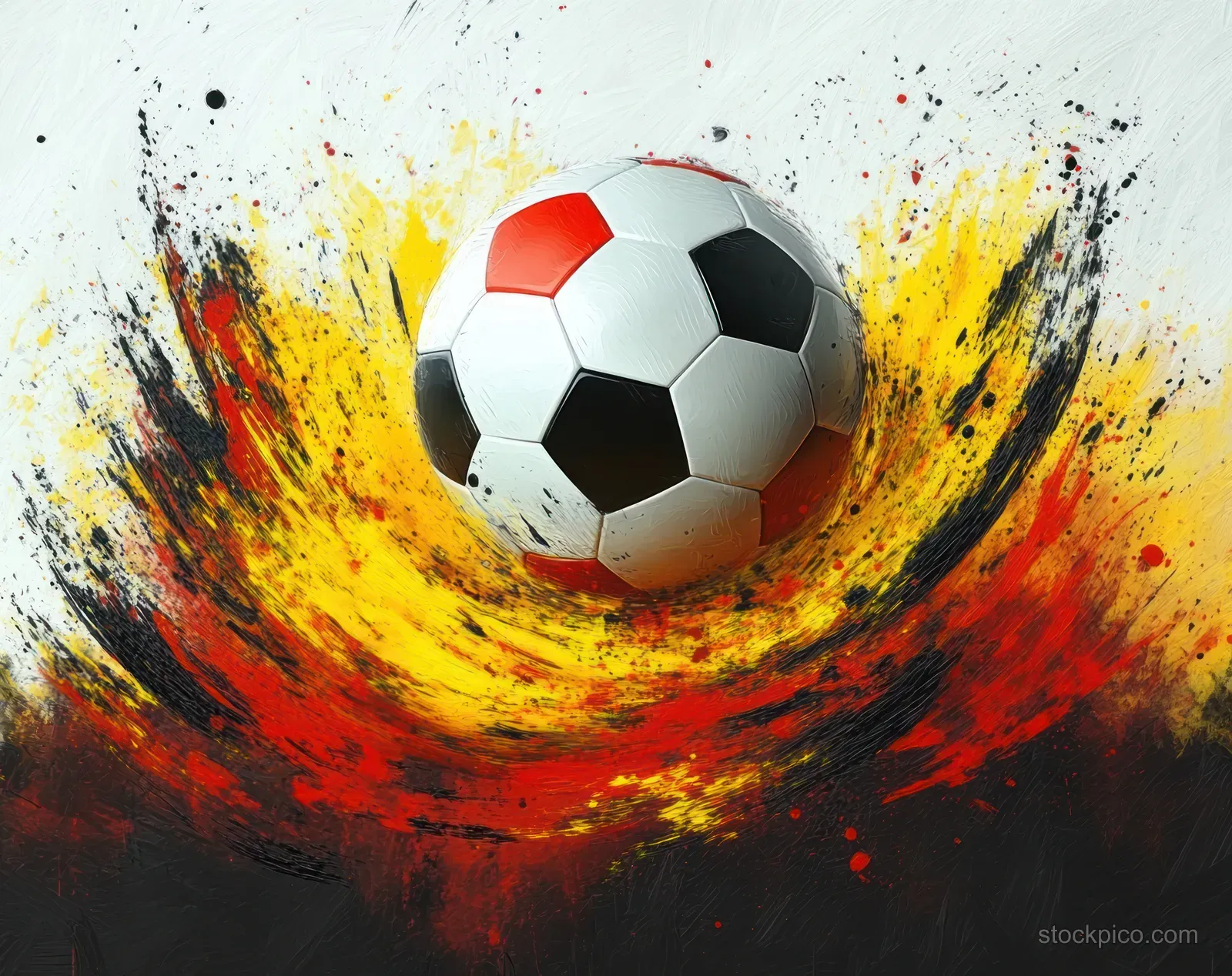Illustrated soccer ball centered in swirling red, black, and gold paint splatter.