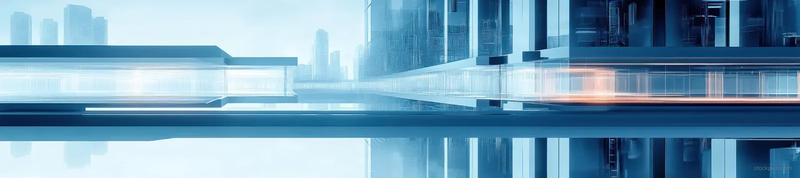 Futuristic minimalist city skyline with geometric glass buildings and soft blue lighting across a reflective roadway.