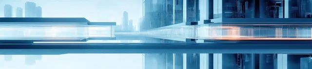 Futuristic minimalist cityscape with geometric towers, blue glow, and reflective glass rails