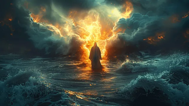 Jesus walks on storm-tossed ocean waves as glowing golden fire light illuminates the dark sky.