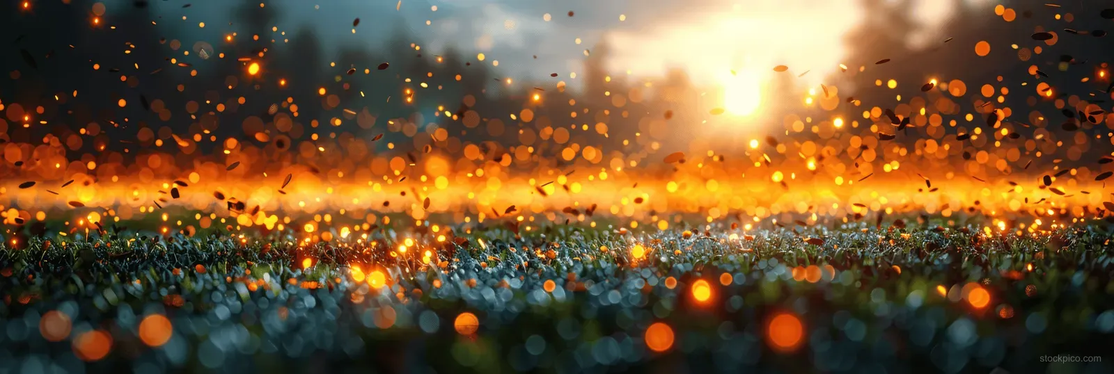 Confetti swirls over a soccer stadium pitch under golden evening lights and bright flares.
