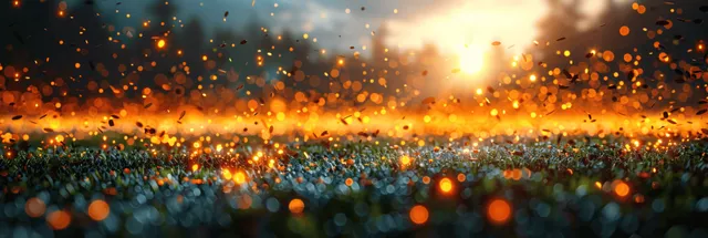 Evening soccer championship celebration with confetti and golden stadium lights blazing