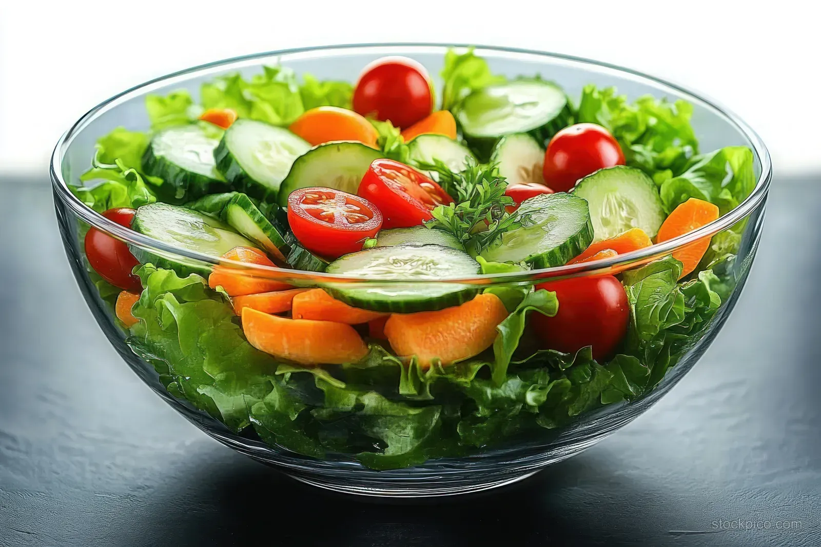 Fresh vegetable salad in a clear glass bowl with cucumber, cherry tomatoes, and carrot on a table.