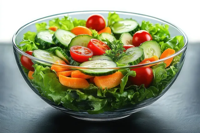 Fresh vegetable salad in a clear glass bowl with cucumber, cherry tomatoes, and carrot on a table.