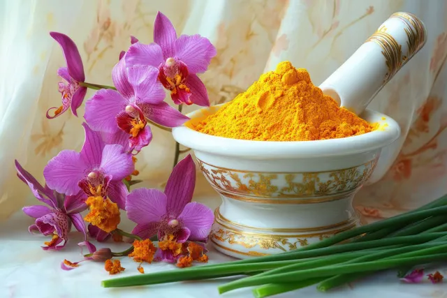 Turmeric powder in a mortar with purple orchids and green chives on a light backdrop