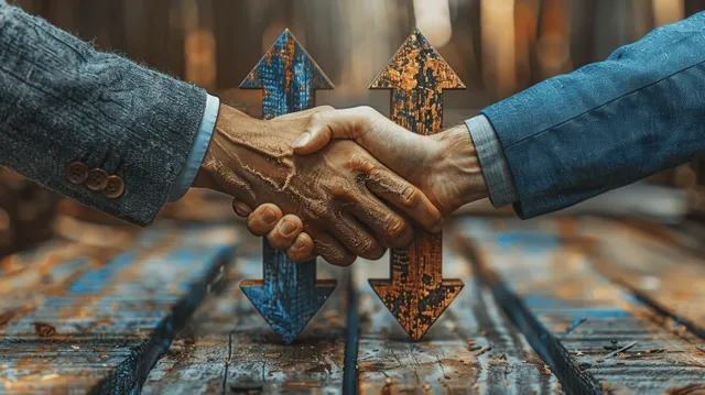 Two hands shake over a table covered with contrasting arrows symbolizing negotiation and compromise.