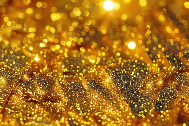Close-up of golden glitter texture with glowing bokeh lights shimmering in warm haze