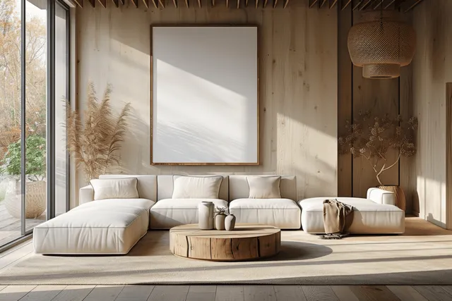 Beige Japandi living room with wooden furniture and a mock poster frame on the wall near a sofa.
