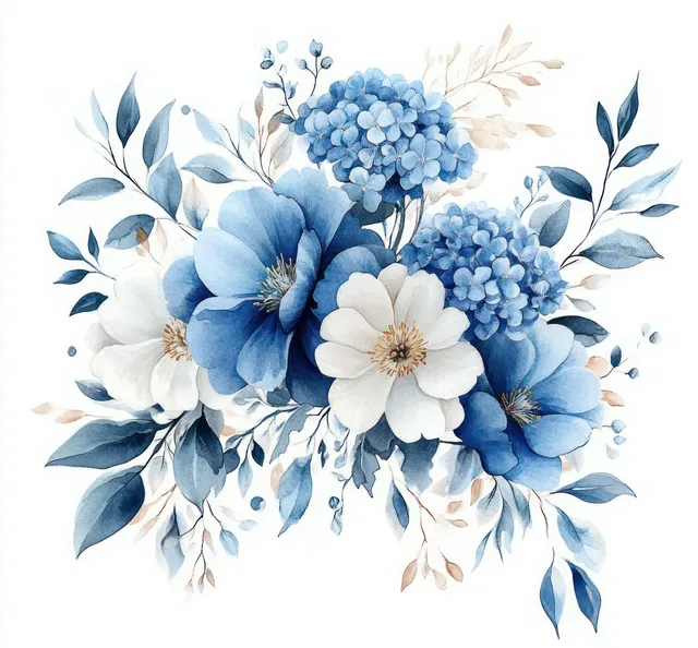 Watercolor illustration of a blue and white flower bouquet with hydrangea blooms, leaves, and small buds.
