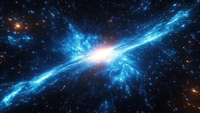 Blue glowing galactic core blasts energy beams across a star-filled deep space vista
